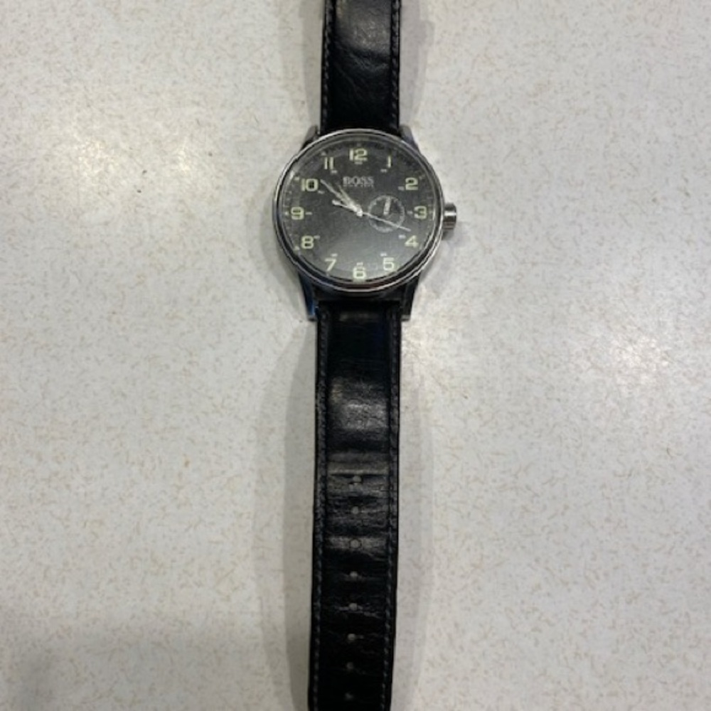 Hugo Boss Black and Silver Watch with Leather Strap